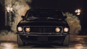 Black muscle car.